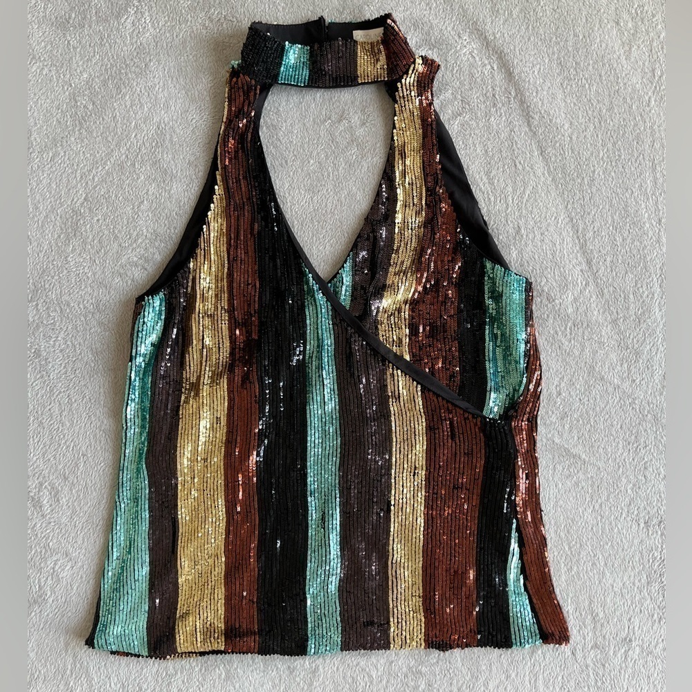 Caroline Constas Lia Sequins Top Multi Color Striped Medium/Large